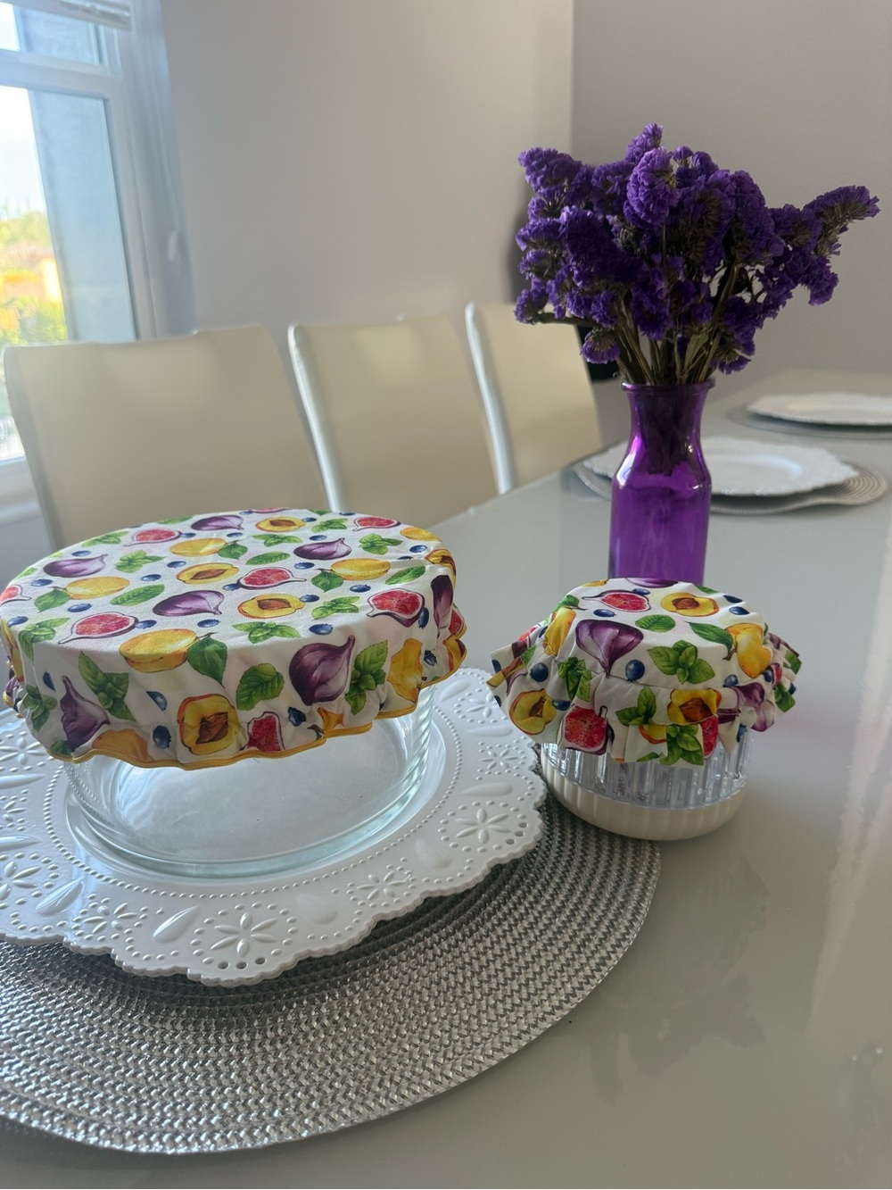 Reusable Fruit-Print Stretch Bowl Covers - White with Multicolor Fruit